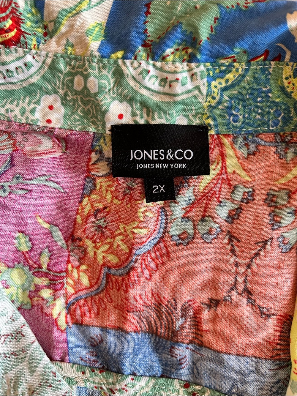 Colorful patchwork 3/4 sleeve button-down top - Picture 3 of 6